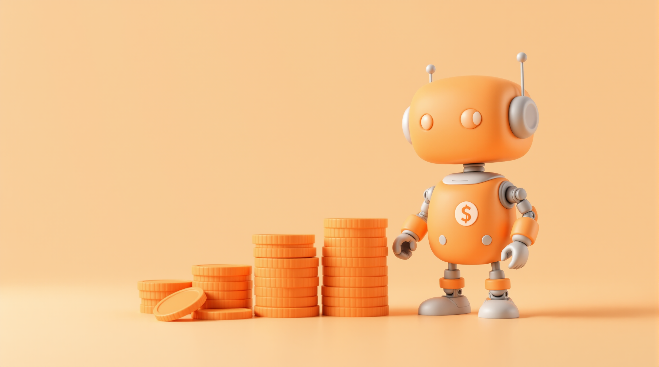 KI-Spar-Rechner: freundlicher orangefarbener Roboter mit Münzstapeln, symbolisiert Zeit- und Kostenersparnis durch KI-Automatisierung