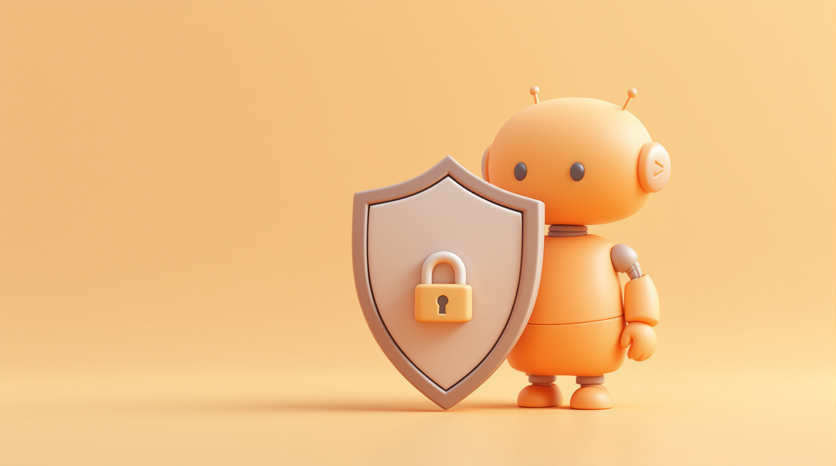 KI-Datenschutz-Check: orangefarbener Roboter mit Schutzschild, symbolisiert DSGVO-konforme KI-Nutzung